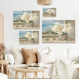 6000 By the Sea canvas print featuring white peonies, seashell art, minimalist decor, ocean view, made in USA