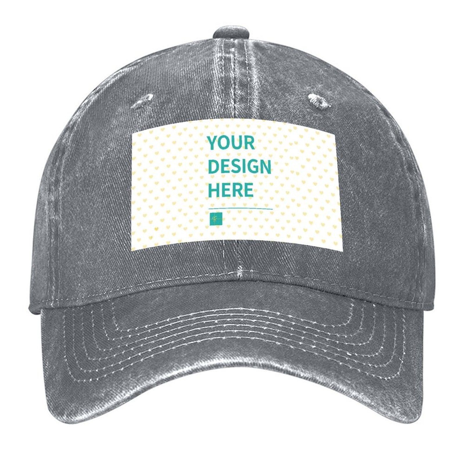 Custom denim baseball cap with "YOUR DESIGN HERE" area, in dark gray. Personalized gift for men and women.