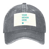 Custom denim baseball cap with "YOUR DESIGN HERE" area, in dark gray. Personalized gift for men and women.