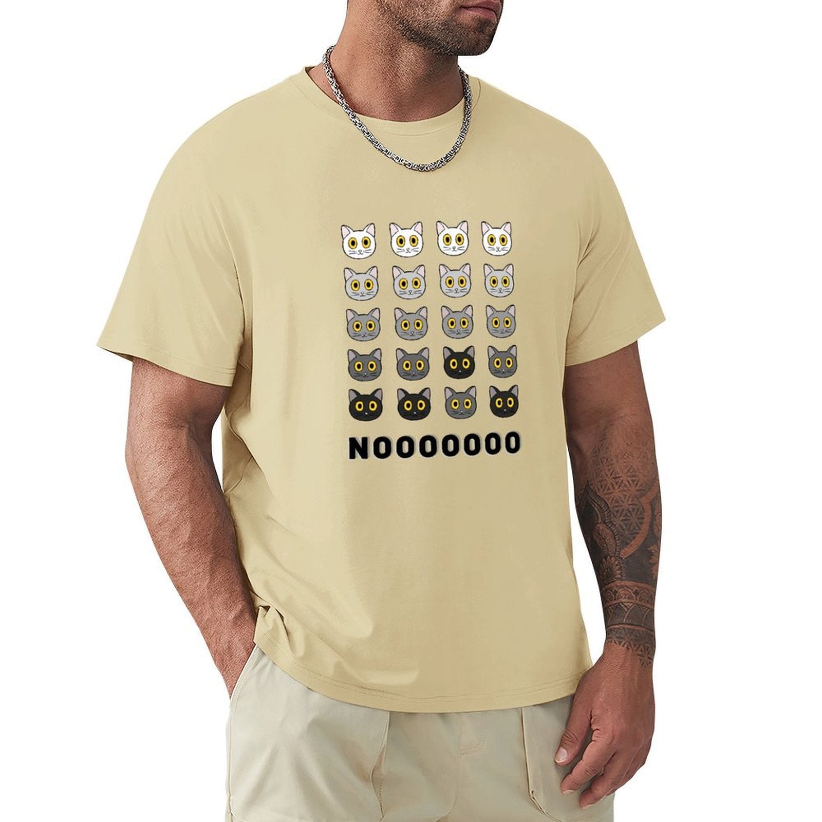 Beige men's t-shirt with repeating cat face design and NOOOOOOOO text, MyArtsyGift