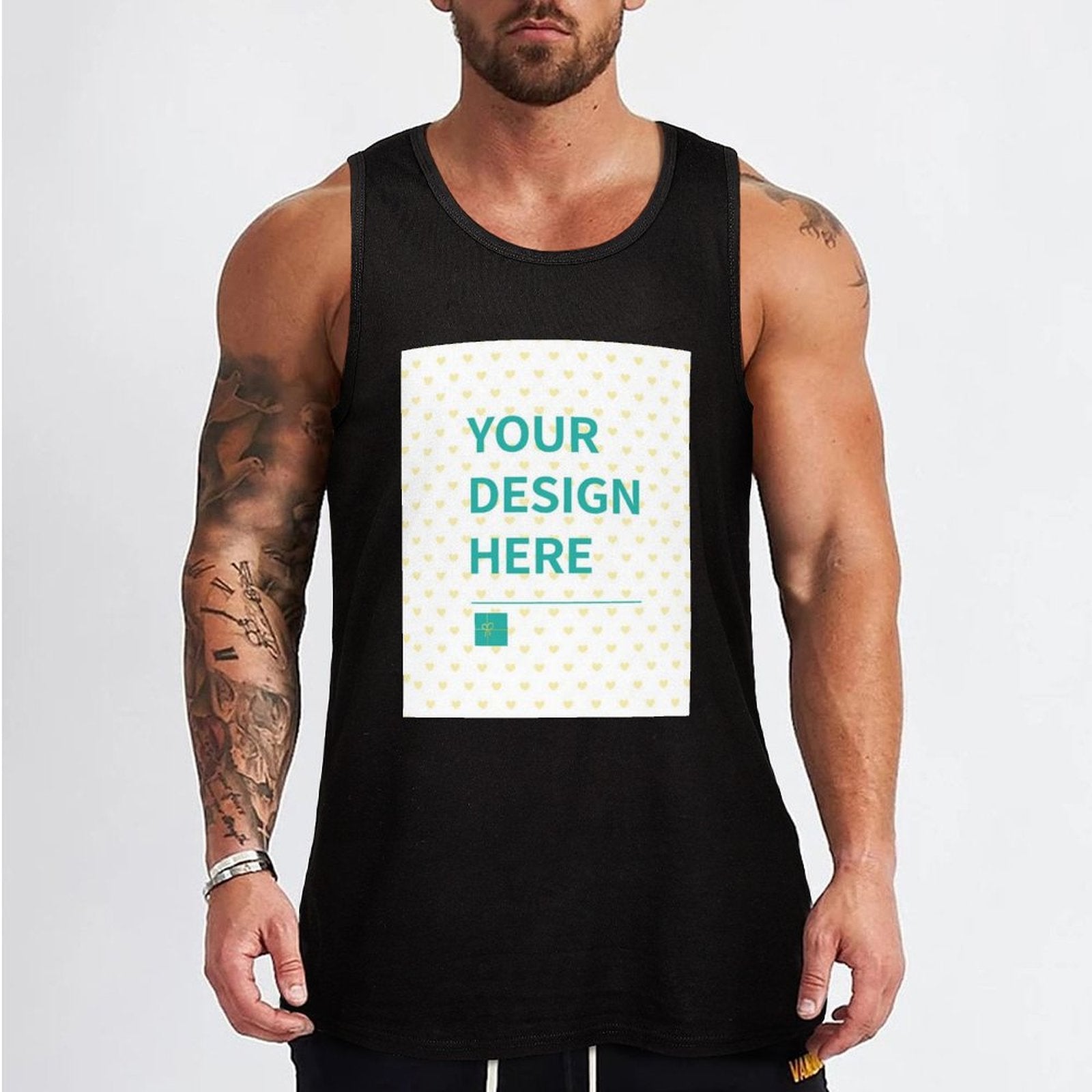 Customizable black mens tank top with "YOUR DESIGN HERE" text, perfect for your personalized design