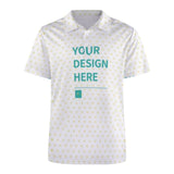 Customizable polo golf shirt with "YOUR DESIGN HERE" text; polyester fabric, design your own men's tee