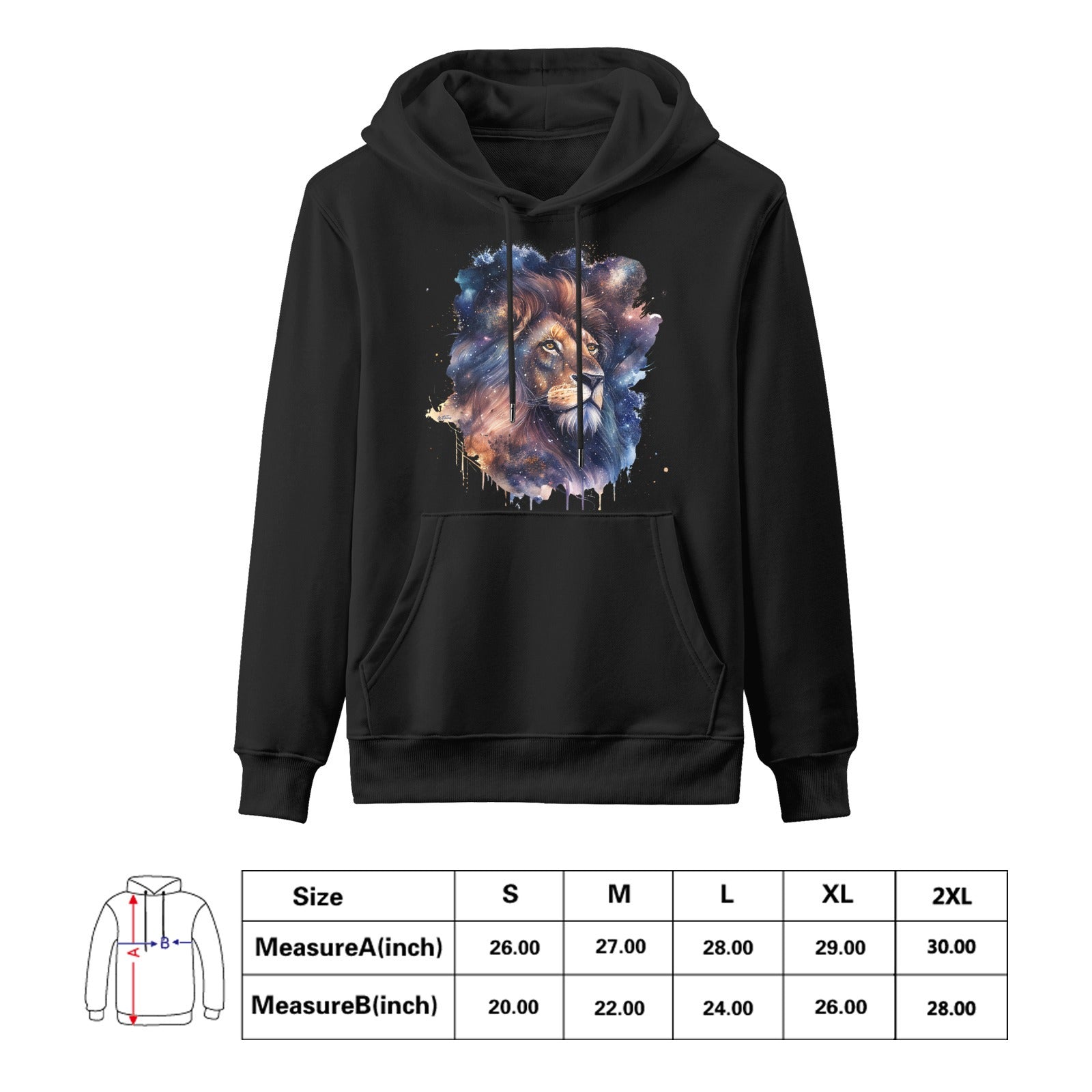 Mighty Lion Astro Cruise Black Hoodie, Lion and Galaxy Design, Cotton, Men's Apparel