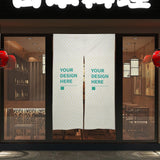 Customizable door curtain with 'YOUR DESIGN HERE' text, ideal for kitchen, home, or bistro setting, white linen fabric.