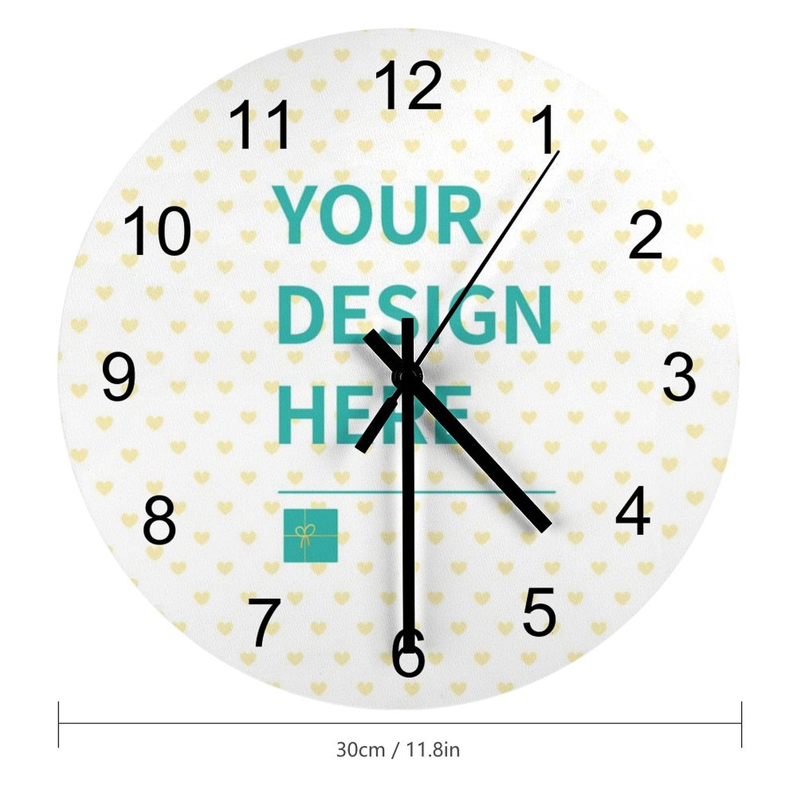 Customizable wooden wall clock with 'Your Design Here' text, perfect for home decor or housewarming gifts