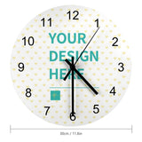 Customizable wooden wall clock with 'Your Design Here' text, perfect for home decor or housewarming gifts