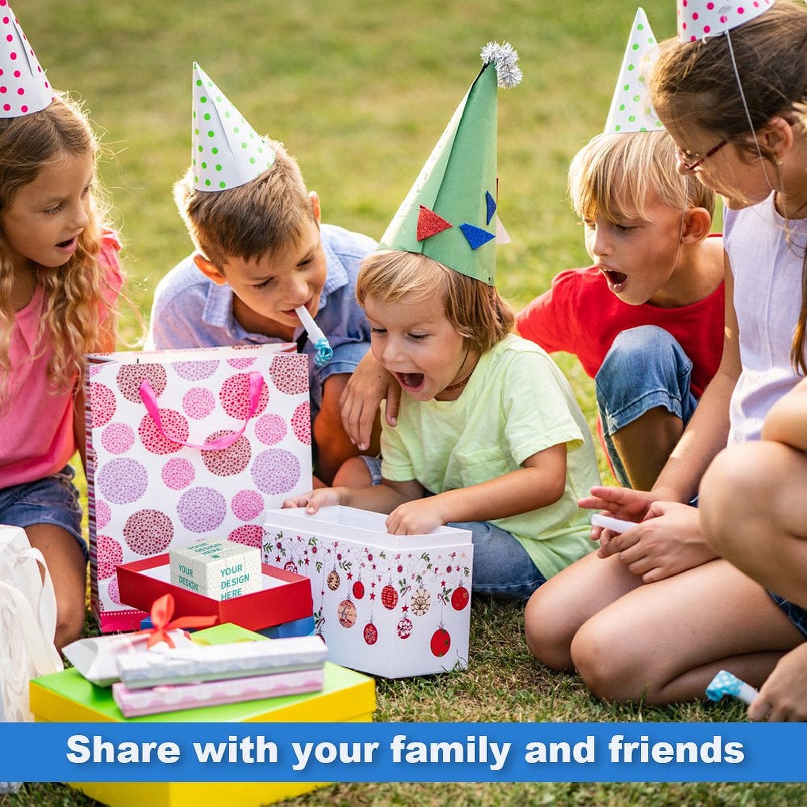 Children celebrating with gifts, including a personalized photo puzzle cube, perfect for family fun and sharing, gifts.