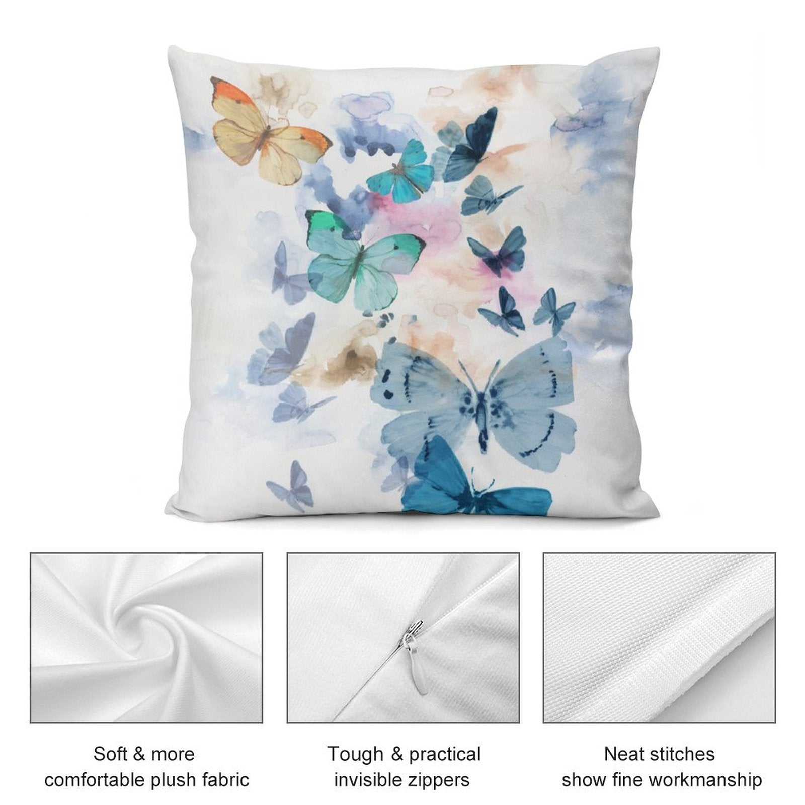 Watercolor butterfly plush pillow cover, soft plush fabric, invisible zipper, for sofa and living room decor.