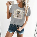 Women's gray deer graphic t-shirt, short sleeve, casual wear, MyArtsyGift