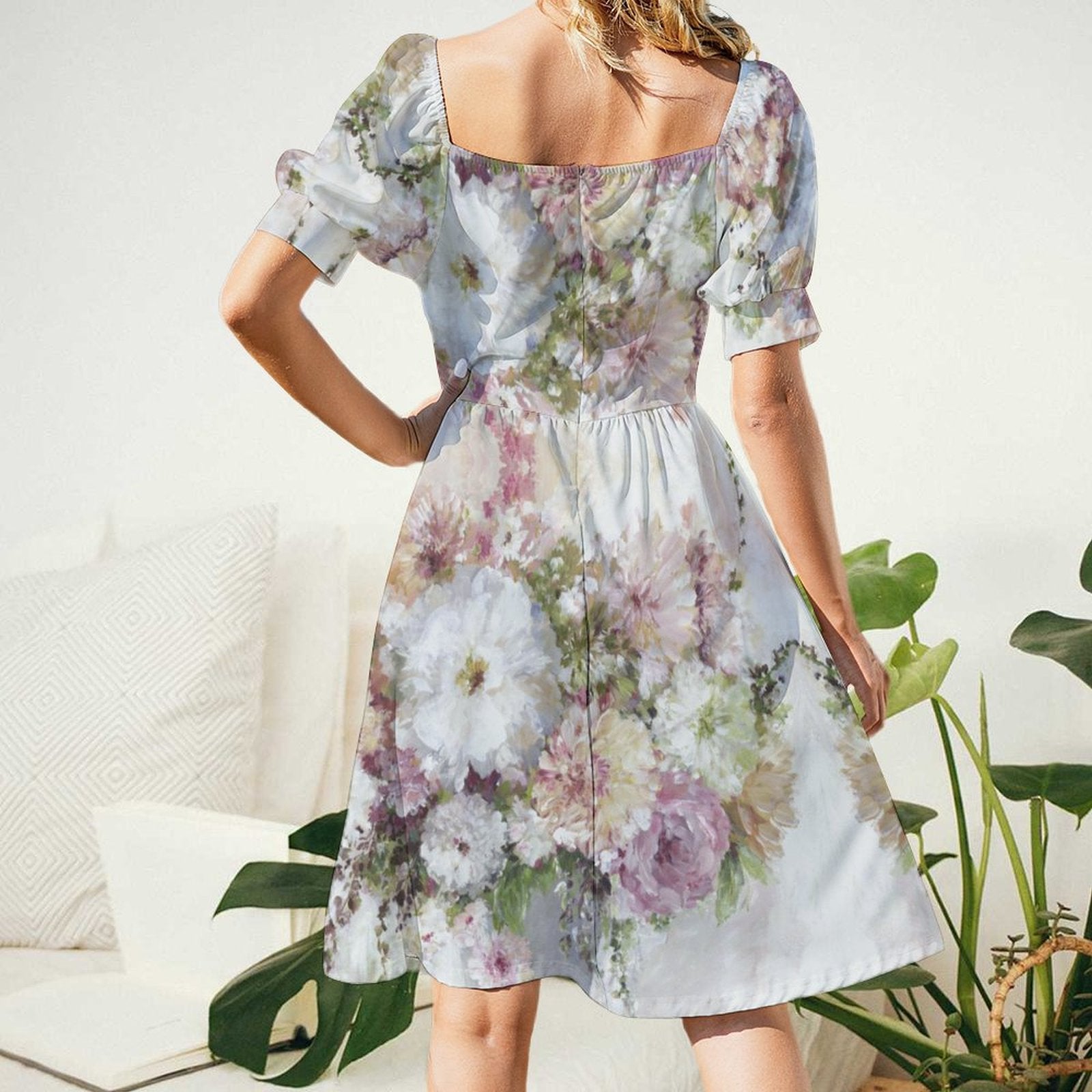 Floral print short sleeve mini dress. Polyester summer dress, perfect for casual outings.