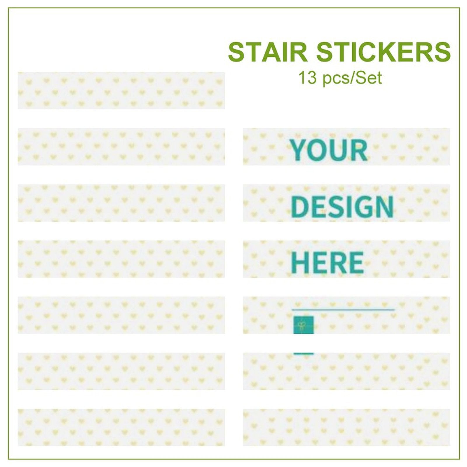 Custom stair stickers with heart pattern design, personalized peel and stick decals with custom text.