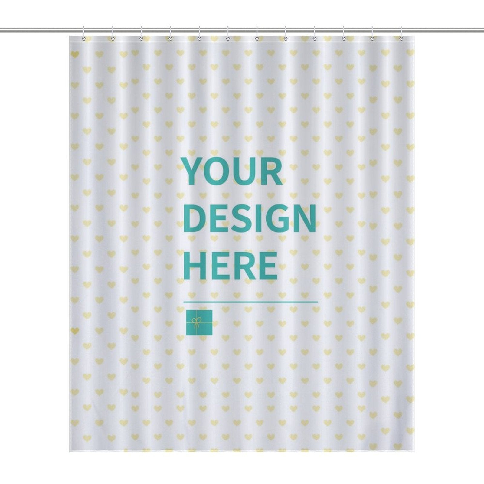 Customizable shower curtain with "YOUR DESIGN HERE" text, heart pattern, and polyester fabric.