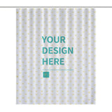 Customizable shower curtain with "YOUR DESIGN HERE" text, heart pattern, and polyester fabric.
