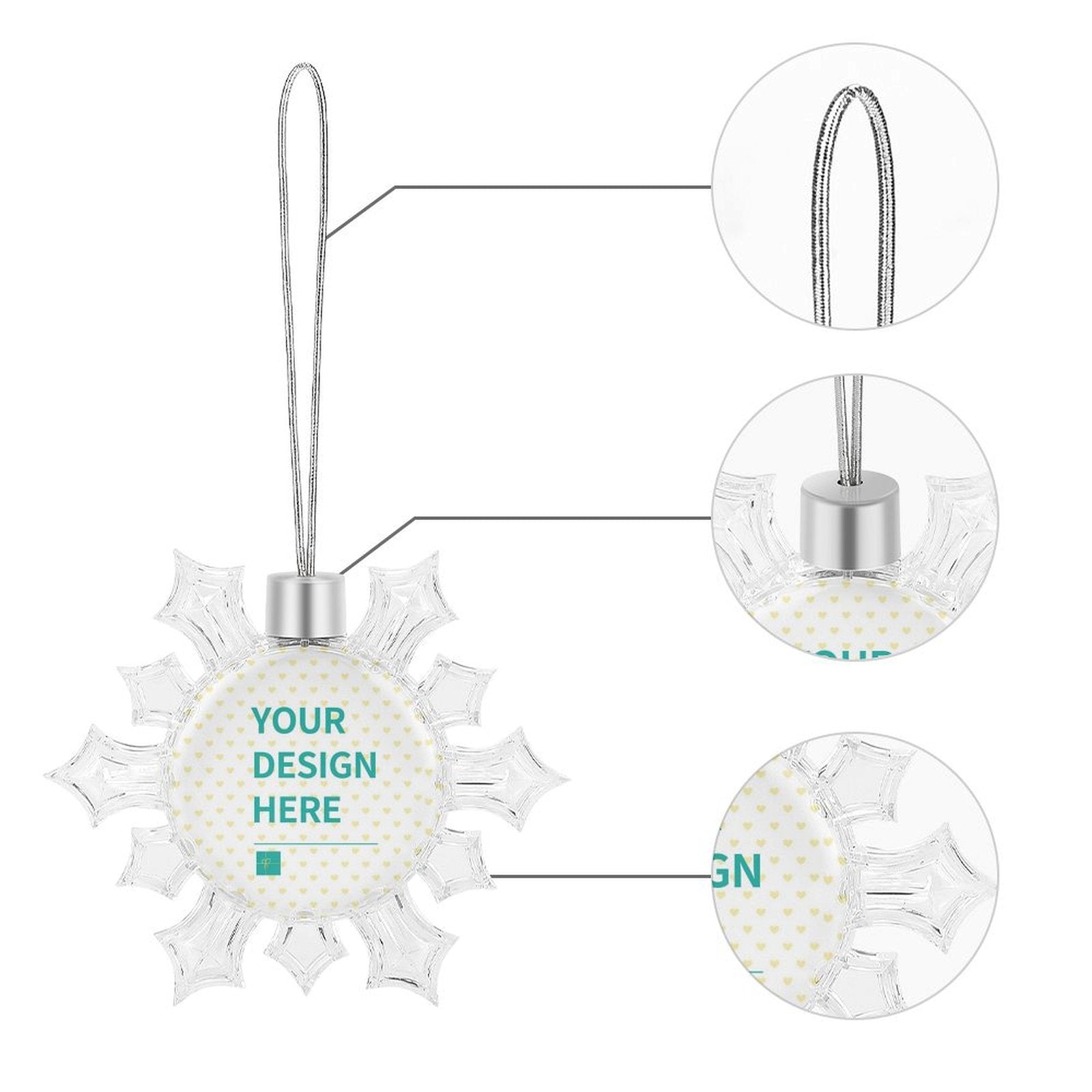 Personalized snowflake Christmas ornament, transparent, for Xmas. Custom design area, perfect for holiday decoration.