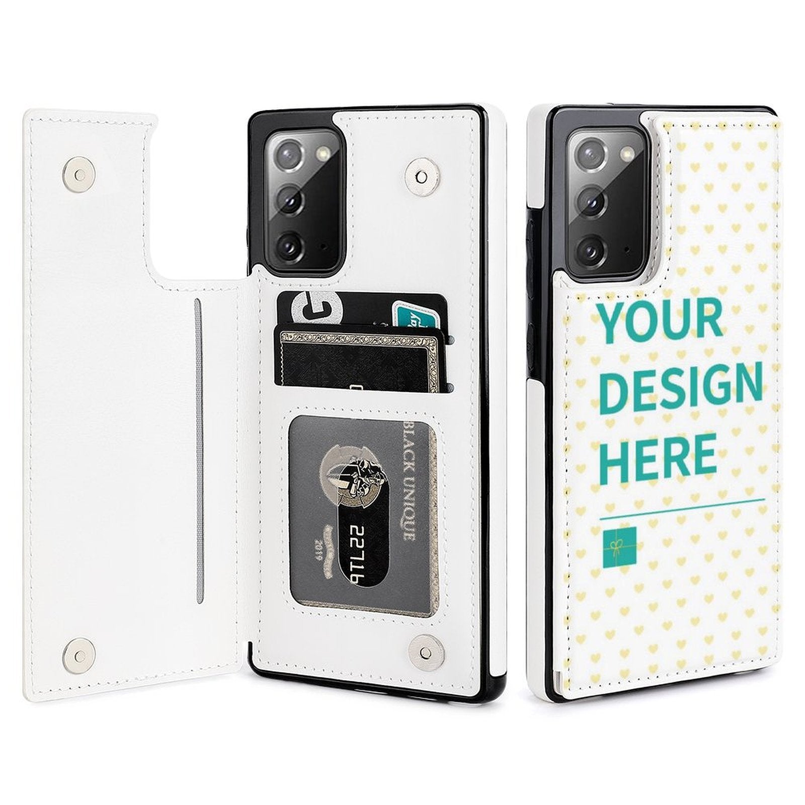 Custom white PU leather wallet phone case for Samsung Galaxy Note20 with Your Design Here, card slots, and magnetic closure.