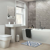 Coral velvet mosaic bath rug in a modern bathroom setting, non-slip bathroom floor carpet