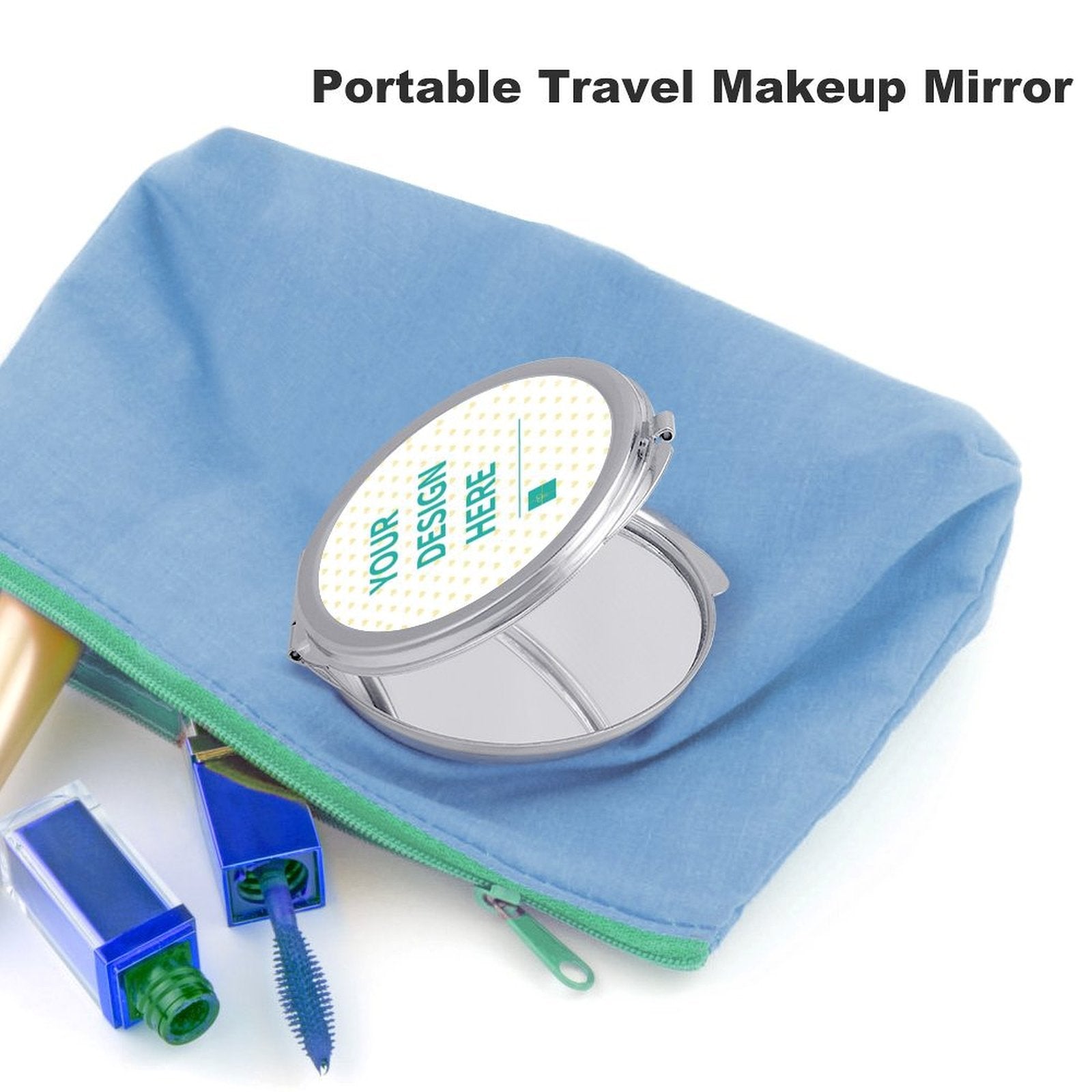 Customizable travel makeup mirror with silver frame, personalized gift for women