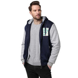 Custom men's hoodie with "YOUR DESIGN HERE" design, navy blue and gray color, personalized sweatshirt.