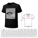 Men's black crew neck t-shirt with eye graphic. Classic tee design with size chart for personalized gifts.