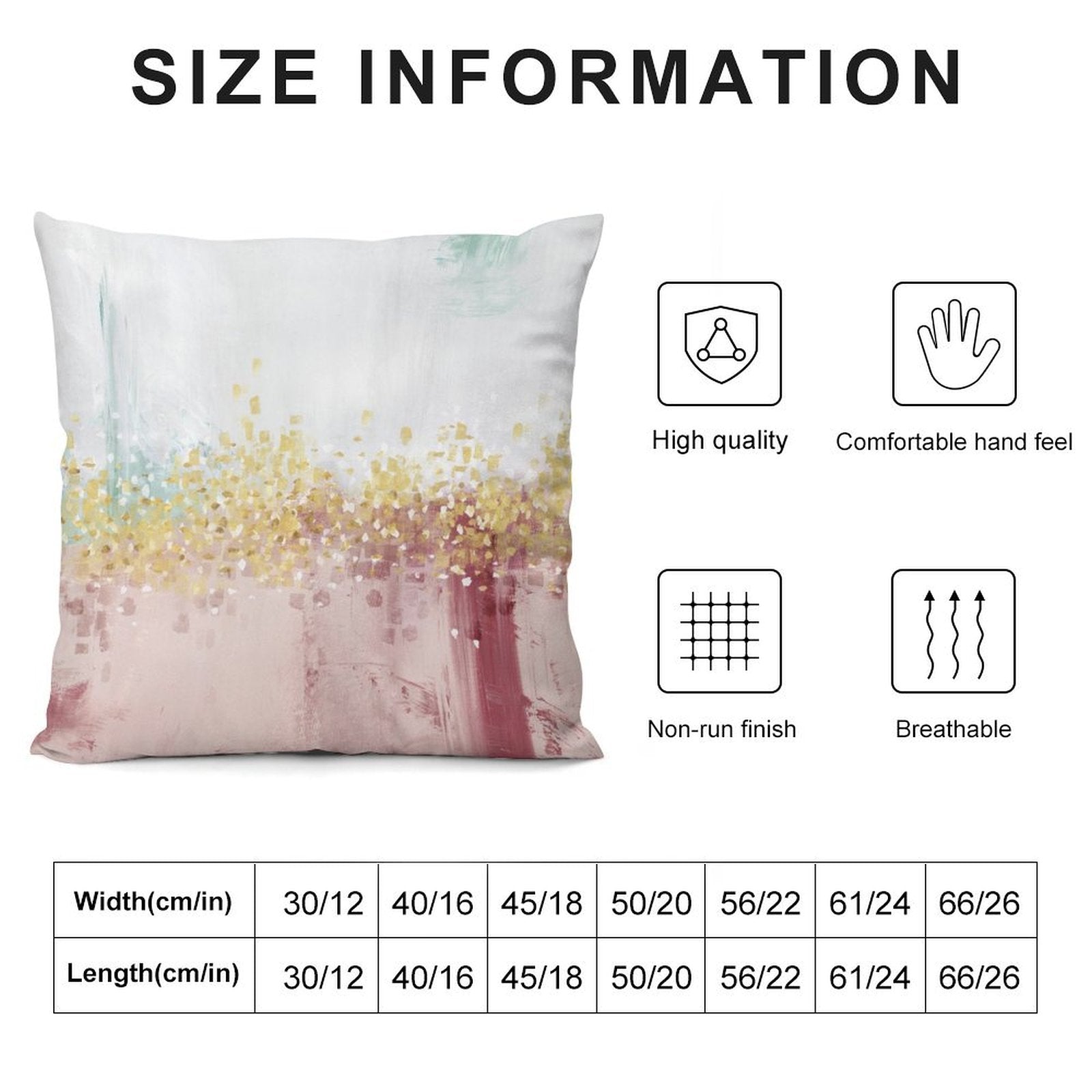 Abstract art plush pillow cover for sofa, couch, living room with size information; soft, breathable.