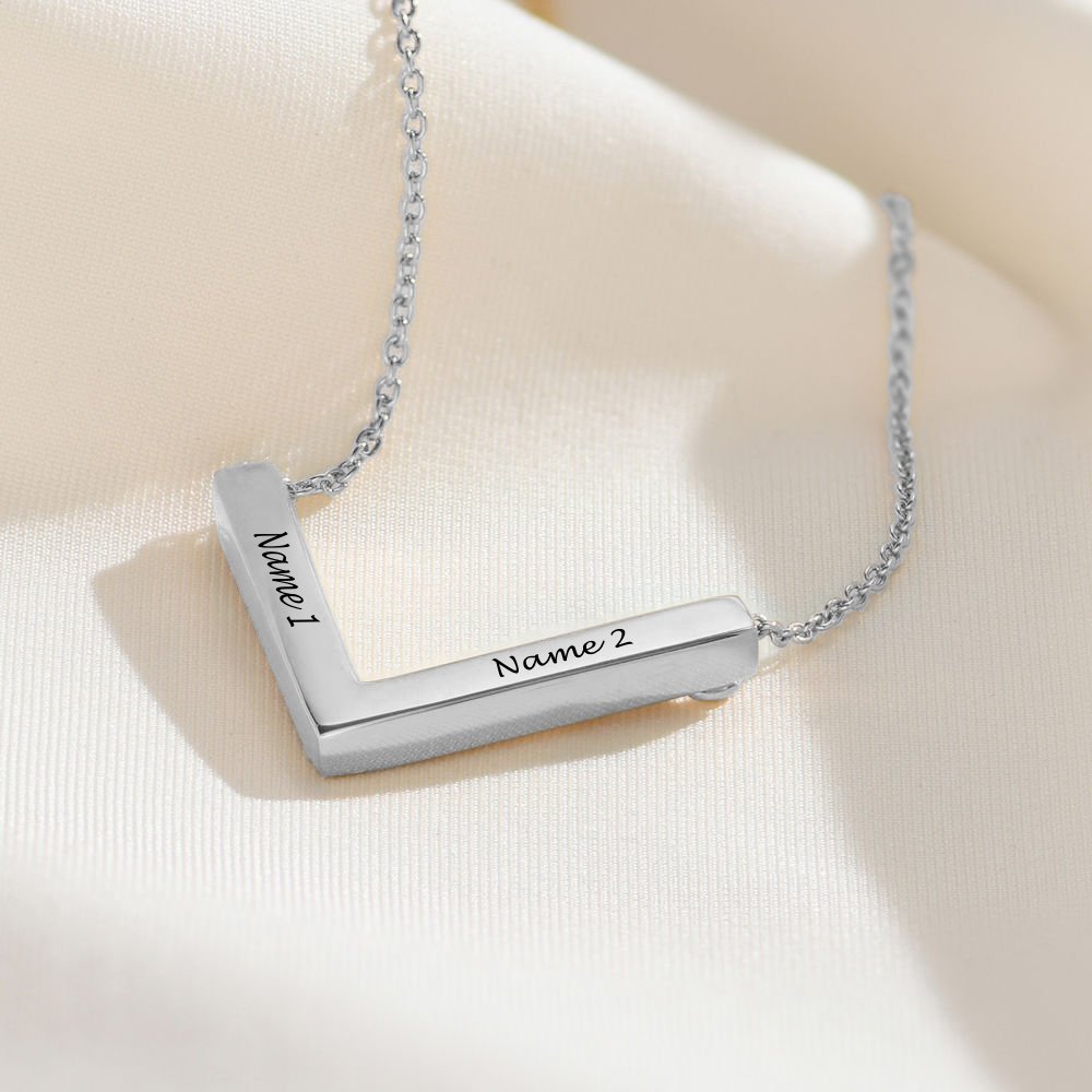 Personalized Silver V-Shaped Bar Necklace with Names Engraved, Custom Gift