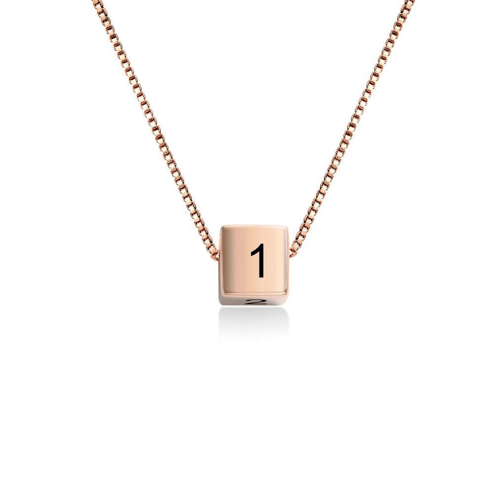 Rose gold cube pendant necklace with number 1, personalized jewelry for women.