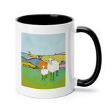 White ceramic mug with sheep art, black interior and handle, perfect personalized gift