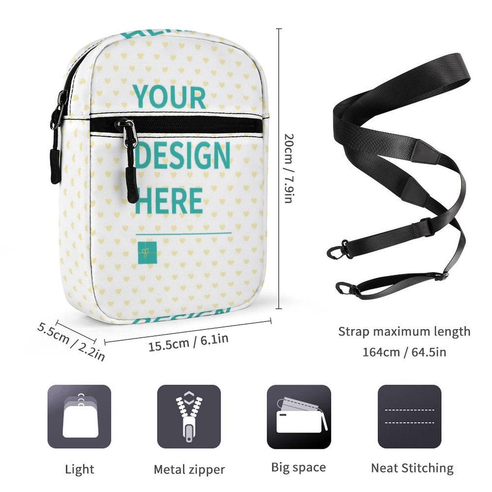 Custom small crossbody bag with "YOUR DESIGN HERE" text, white oxford cloth, personalized gift.