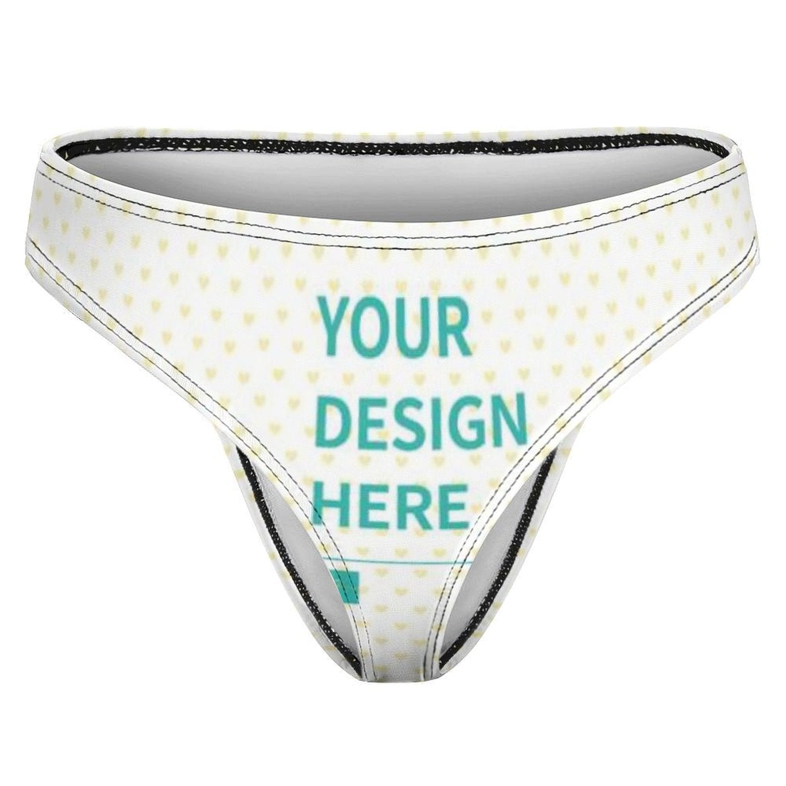 Custom thong panties with personalized design, white fabric, and yellow heart pattern, with 'YOUR DESIGN HERE'