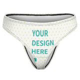 Custom thong panties with personalized design, white fabric, and yellow heart pattern, with 'YOUR DESIGN HERE'