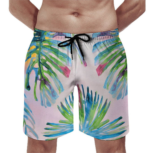 Men's Hawaiian Swim Trunks with Palm Leaf Design, quick-dry fabric and mesh lining