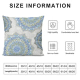 Square short plush pillow cover with mandala design, and size chart, available on MyArtsyGift.com