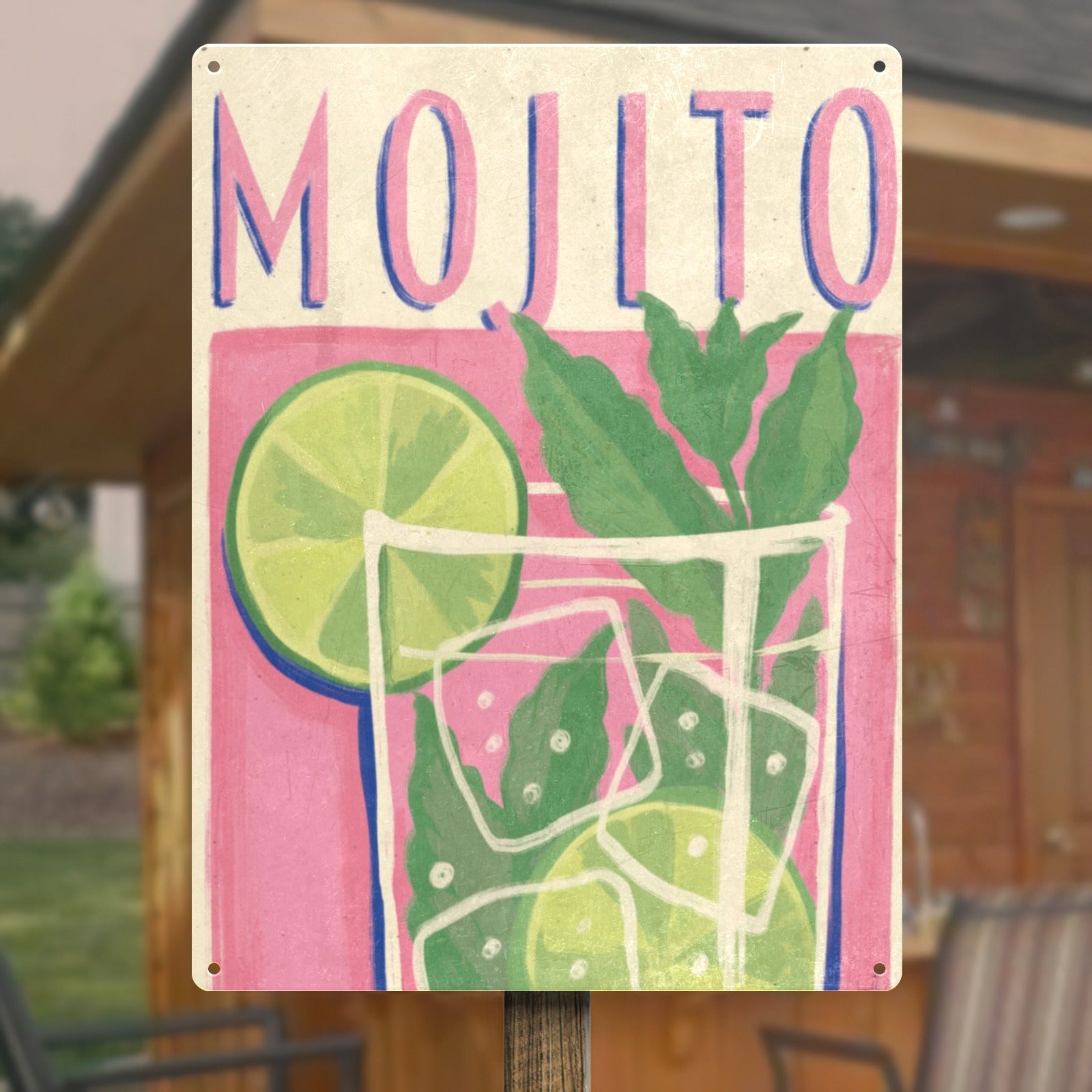 Mojito tin sign poster with colorful illustration, iron wall art for bar decor, Made in USA