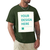 Men's dark green customizable short sleeve tee with 'YOUR DESIGN HERE' design. Cotton fabric, MyArtsyGift