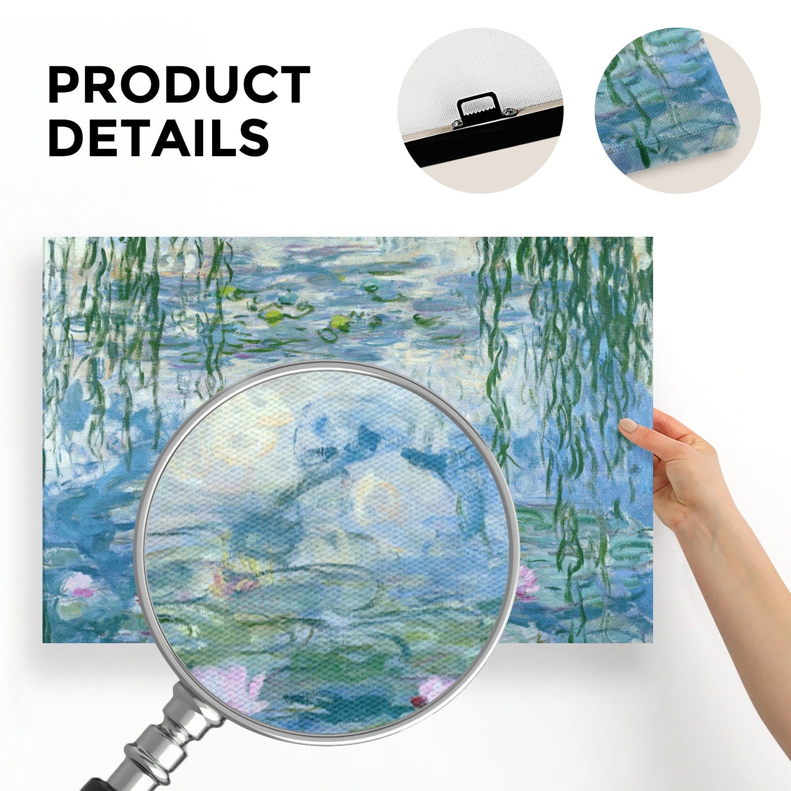 Monet's Water Lilies canvas print, Made in USA. Product detail showcasing canvas material and hanging features.