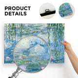 Monet's Water Lilies canvas print, Made in USA. Product detail showcasing canvas material and hanging features.