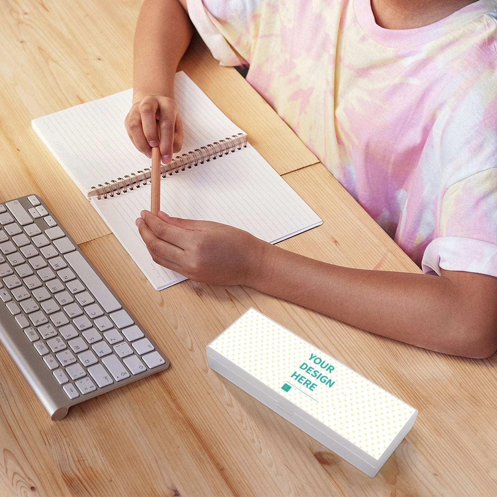 Custom transparent pencil case with 'YOUR DESIGN HERE', PP material, for school office use.