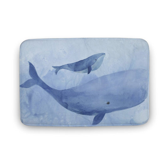 Coral Velvet Bath Rug with Blue Whales: Non-slip, quick-dry, watercolor design for bathroom or bedroom