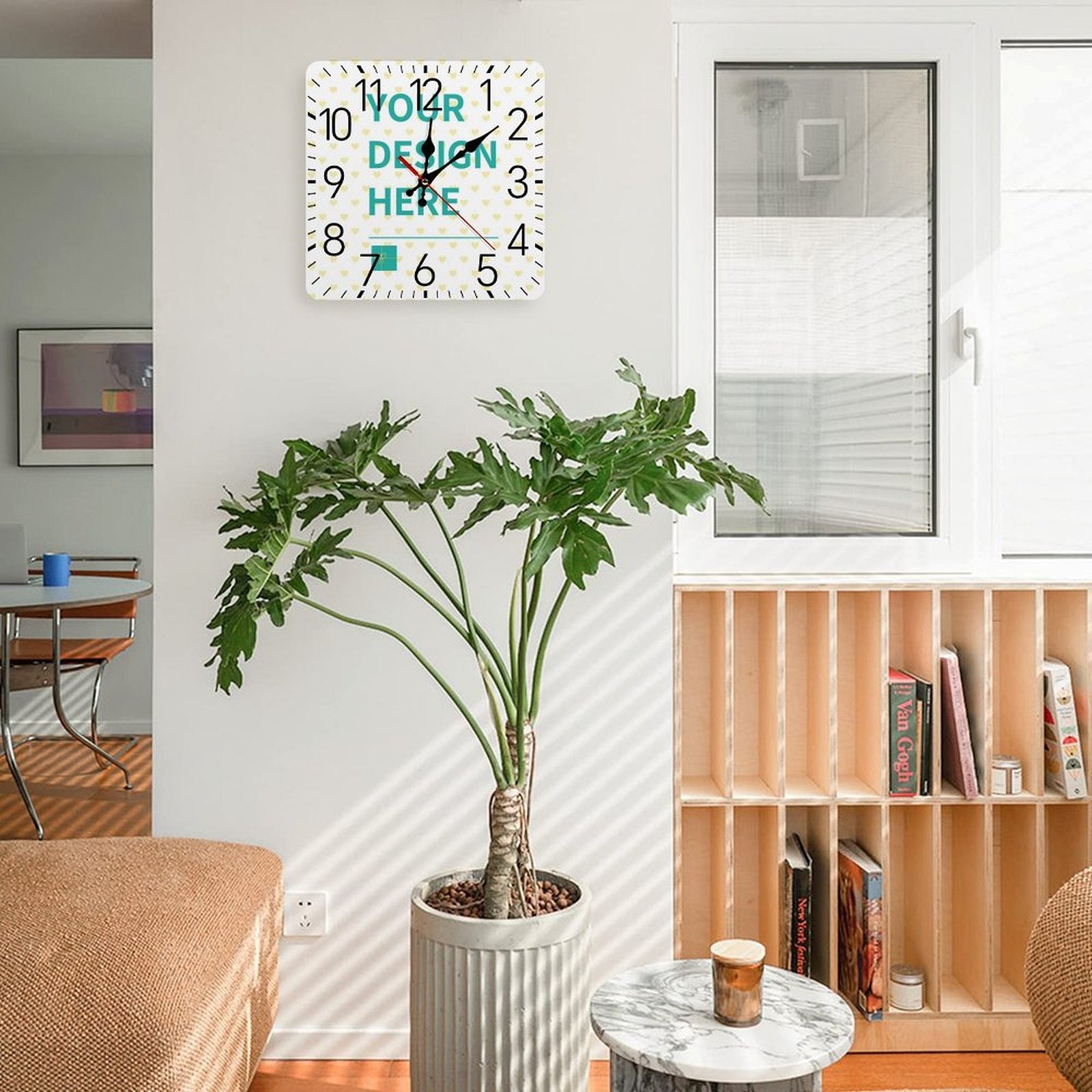 Custom square wall clock with 'YOUR DESIGN HERE' for home and kitchen decor; MyArtsyGift.