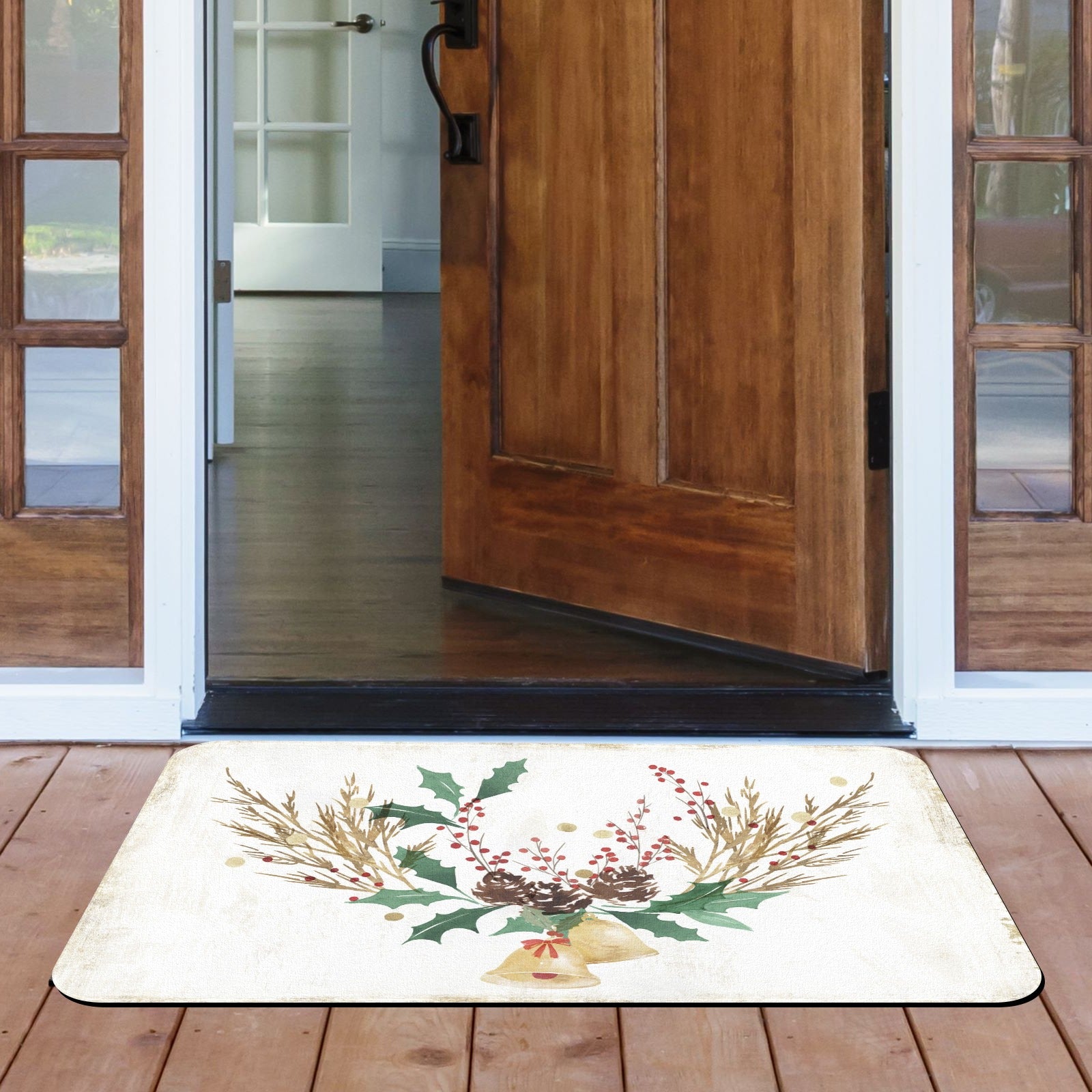 Christmas bells doormat with festive watercolor design, suitable for indoor or outdoor use; rubber material
