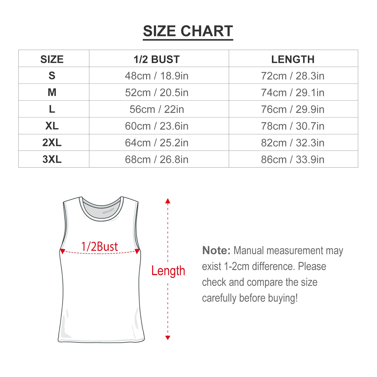 Custom mens tank top size chart with bust and length measurements, S-3XL. Check size before purchase.