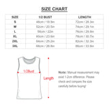 Custom mens tank top size chart with bust and length measurements, S-3XL. Check size before purchase.