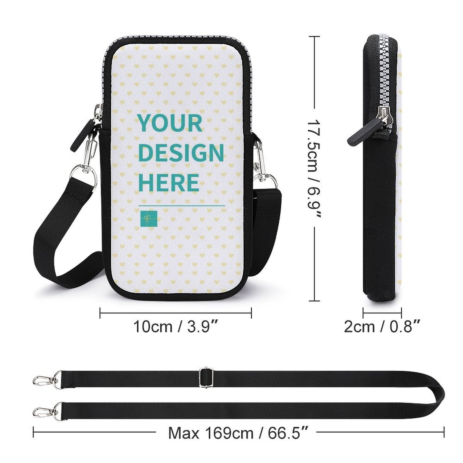 Customizable neoprene crossbody phone bag with "YOUR DESIGN HERE", mini shoulder bag, cell phone purse