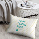 Customizable throw pillow cover with 'YOUR DESIGN HERE' text, white plush fabric, heart pattern for sofa or bed, MyArtsyGift.