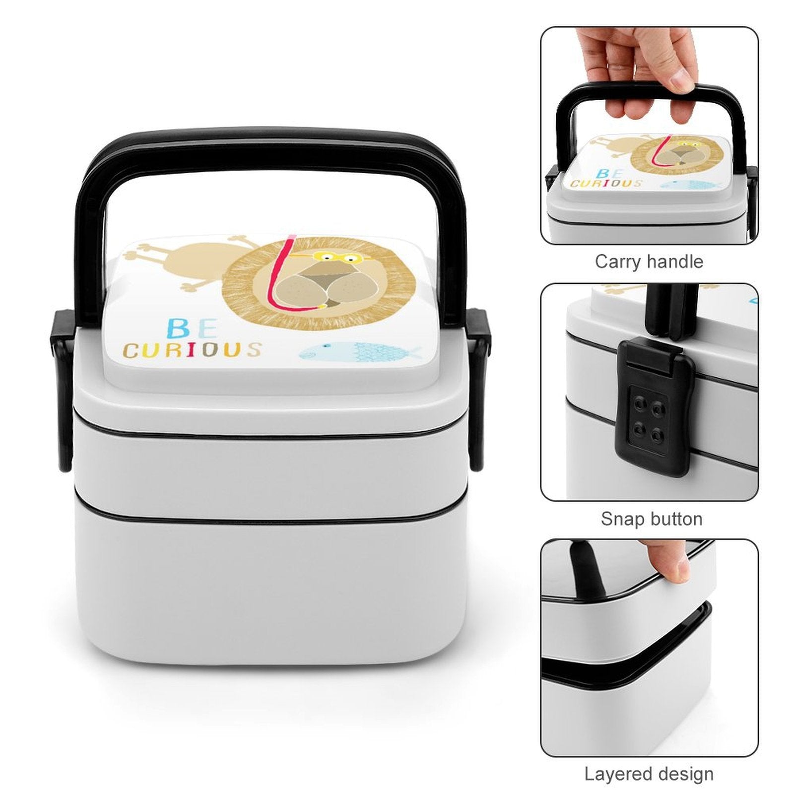 Kids' double-layer bento lunch box with lion design and 'BE CURIOUS' text, ideal for school or travel.