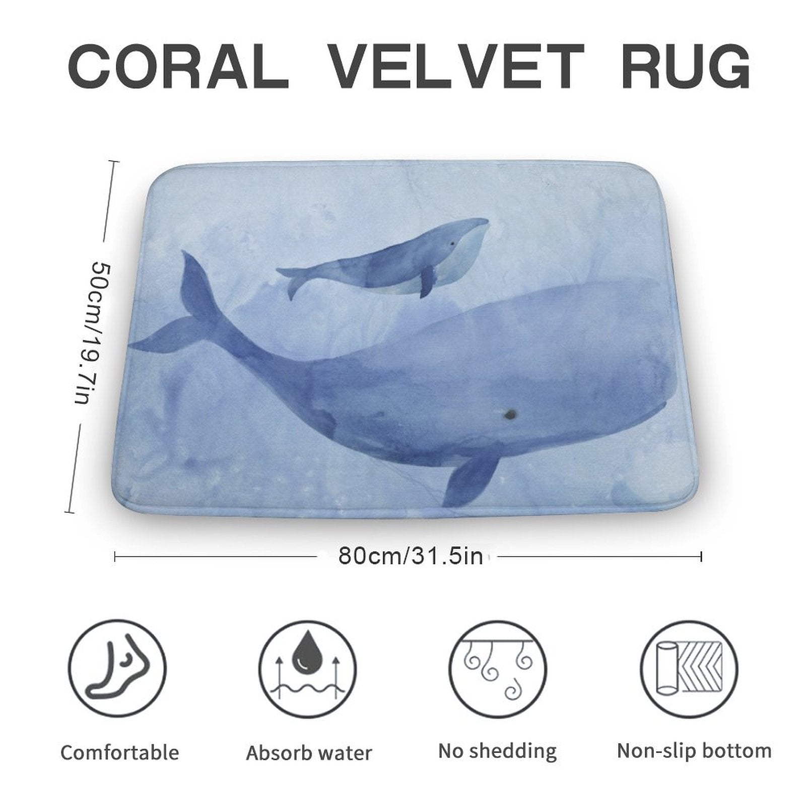 Coral velvet bathroom rug with whale design, non-slip, absorbent and comfortable.