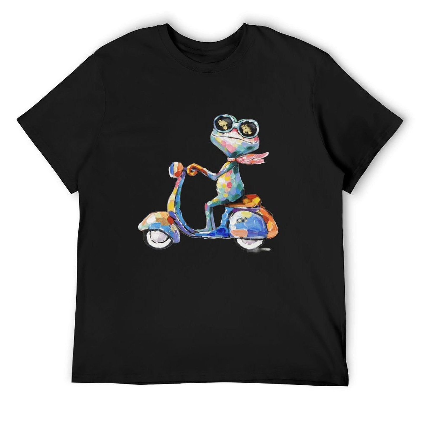 Men's black crew neck t-shirt featuring a frog on a scooter design, cotton tee