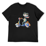 Men's black crew neck t-shirt featuring a frog on a scooter design, cotton tee