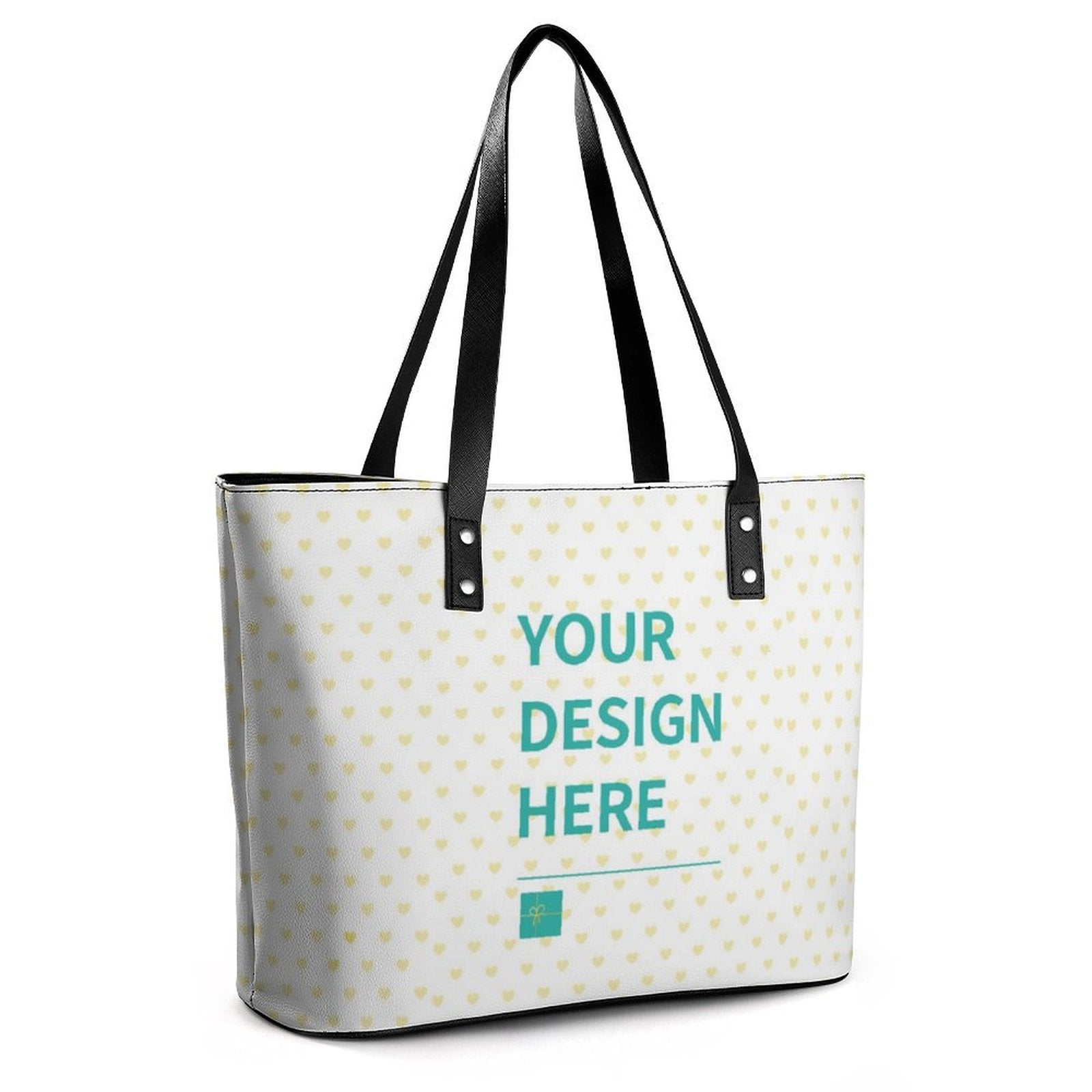Custom leather tote bag for women with heart pattern, personalized design, black handles, shopping and travel tote.