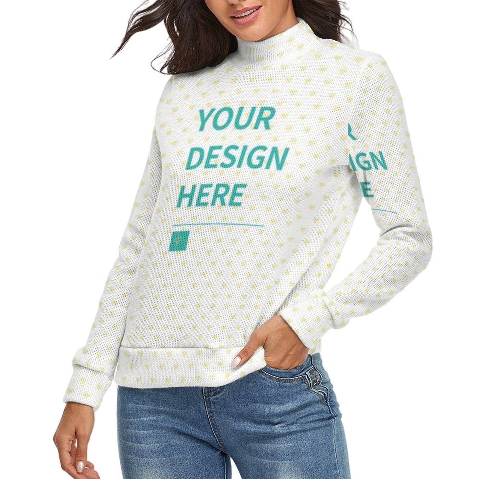 Custom turtleneck sweater with "YOUR DESIGN HERE" design, perfect for winter, customizable and personalized gift.